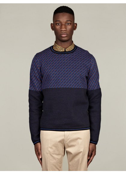Men's Blue Square Cotton Knit Sweater